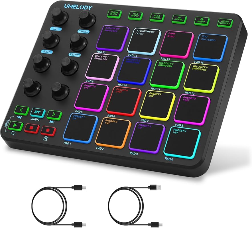 JP‑1 Wireless MIDI Pad Controller featuring 16 RGB Beat Pads, Portable