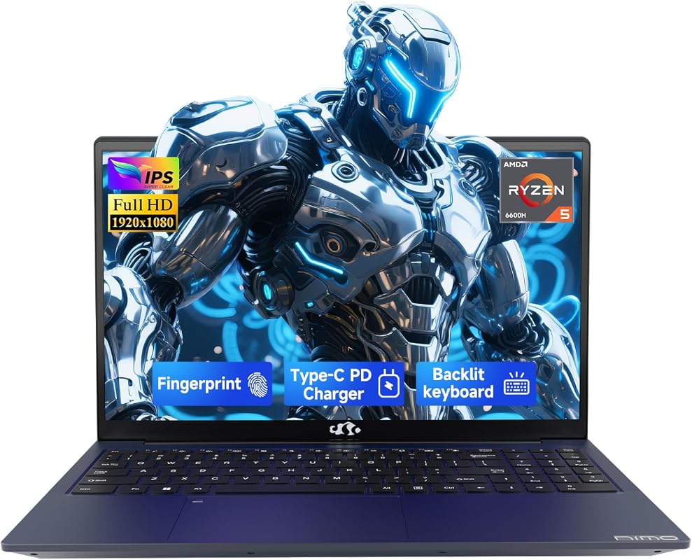 NIMO 15.6" IPS FHD Gaming Laptop, AMD Ryzen 5 6600H, 16GB DDR5, 512GB SSD