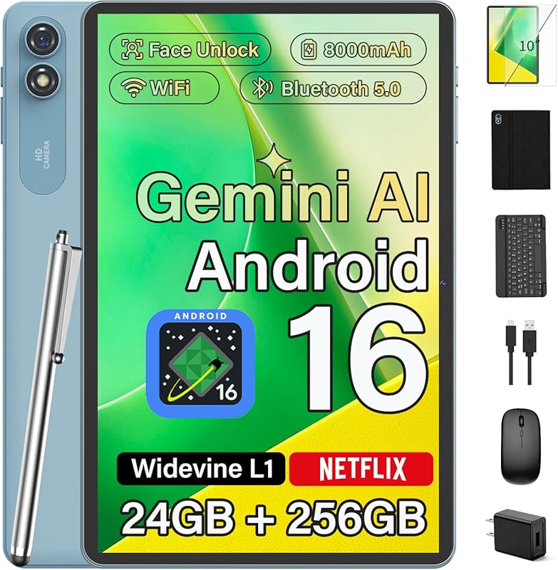 Gemini AI 2026 10‑Inch Android Tablet with Keyboard – 8‑Core, 24 GB RA