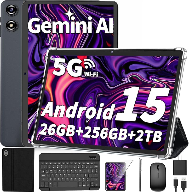 Android 15 10‑inch Tablet 2026 with detachable keyboard, 26 GB RAM + 2