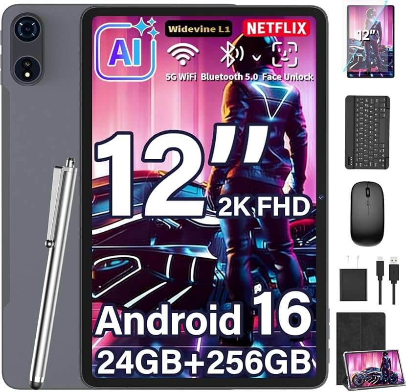 2026 Android 16 12‑Inch Tablet with Keyboard, 24GB/256GB/2TB, Gemini A