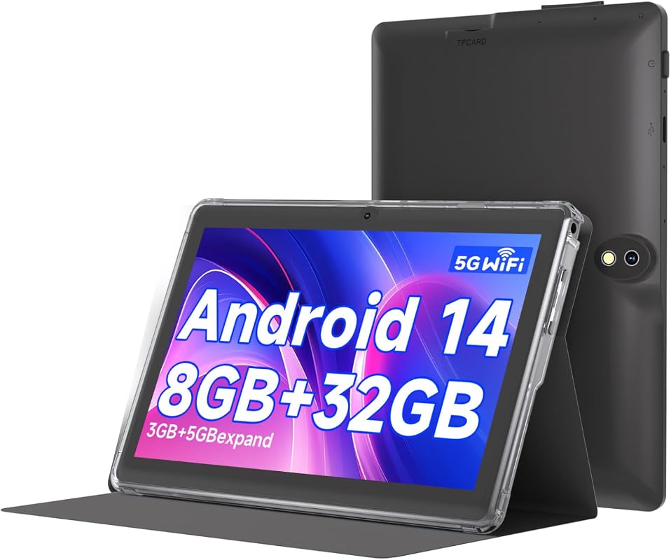 7 Inch Android 14 Tablet with Case, 8GB RAM, 32GB ROM, IPS Screen, Dua