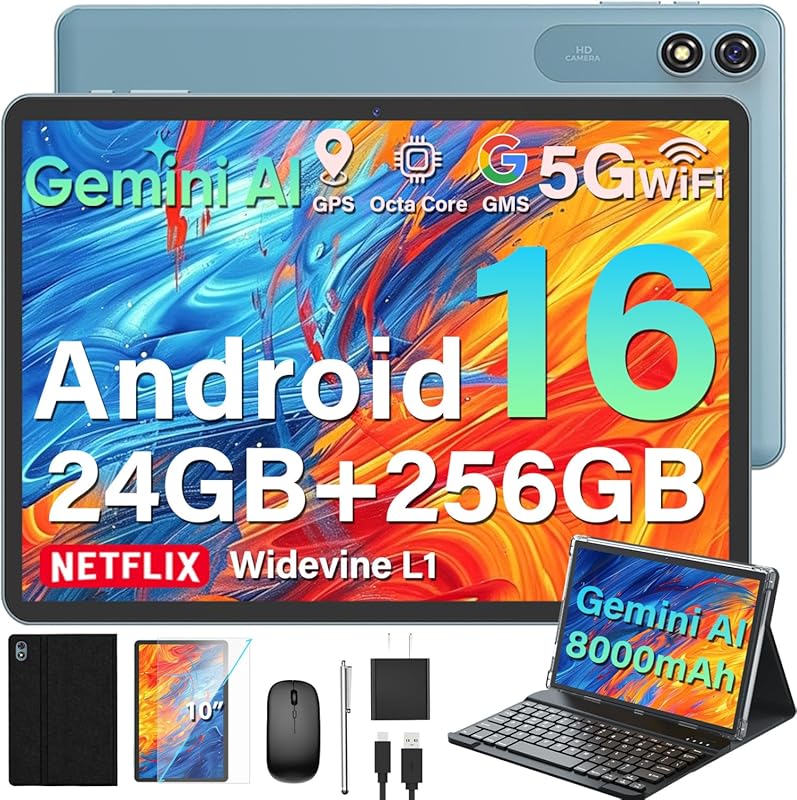 2026 Gemini AI 10‑Inch Android Tablet with Keyboard, 24 GB RAM + 256 GB