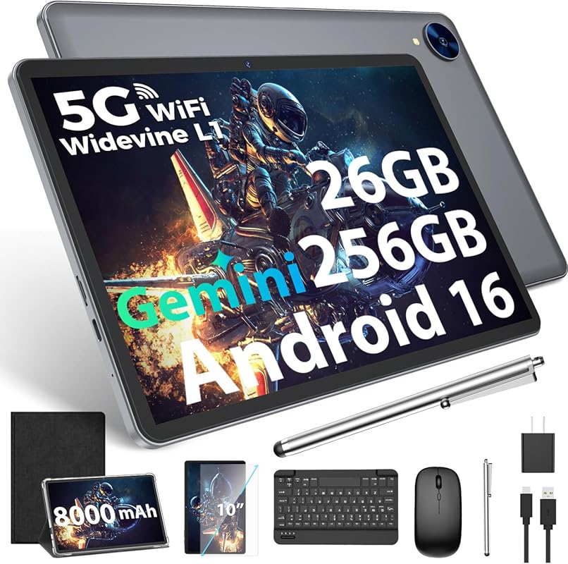 Gemini AI 2026 10‑Inch Android Tablet with Keyboard – 8‑Core, 26 GB RA