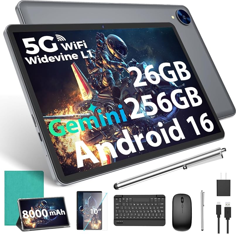 Gemini AI Android 16 Tablet, Keyboard, 8‑Core, 5G Wi‑Fi, 8000 mAh Batt