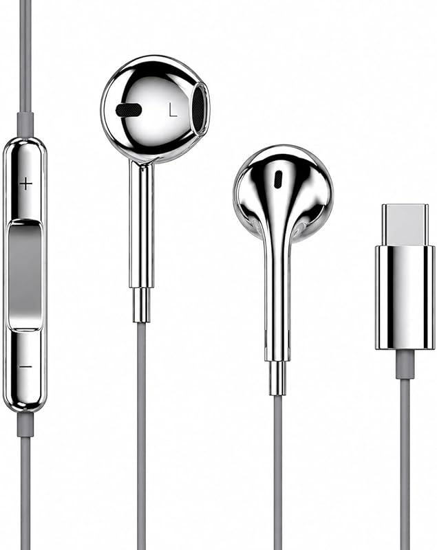 High-Fidelity Wired Earbud Headphones with Mic, Silver Chrome Finish, 