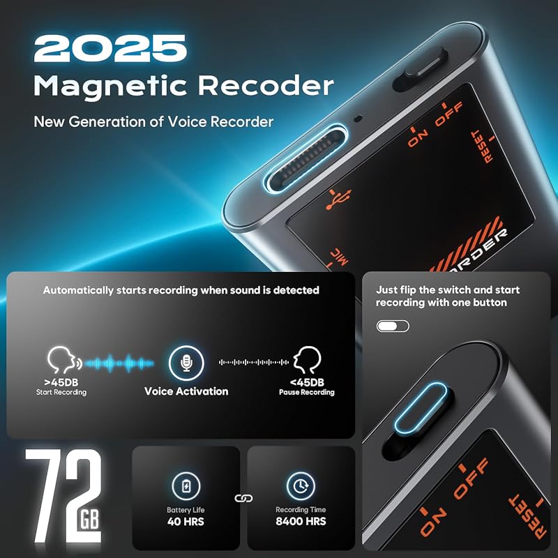 72GB Magnetic Voice Activated Recorder with DSP 5.0 AI Noise Reduction