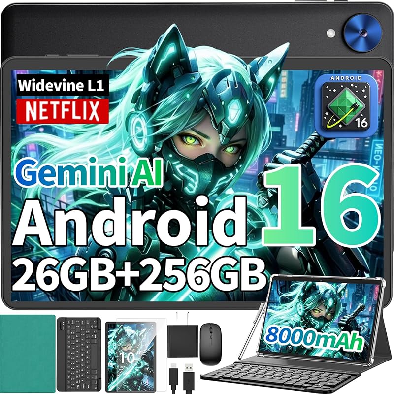 Android 16 10‑inch Tablet 2026 with keyboard, 26 GB RAM + 256 GB ROM, 