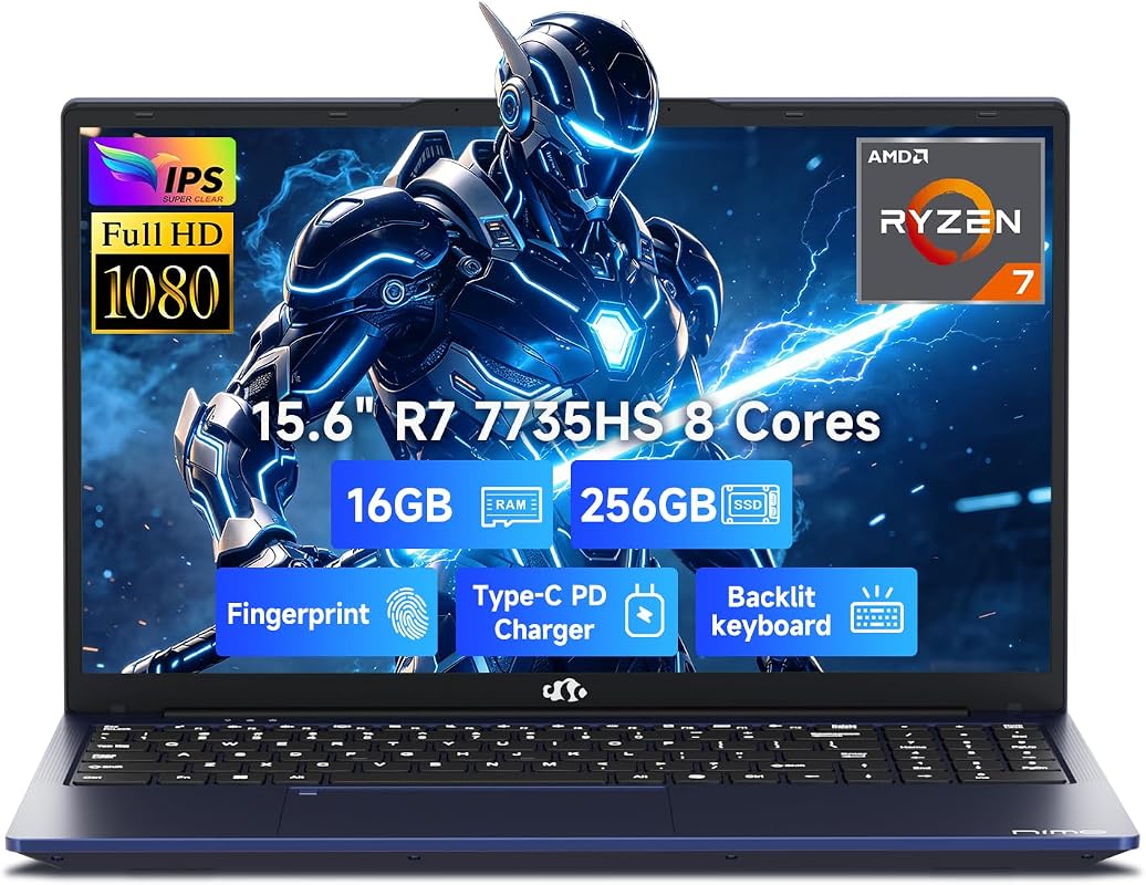 NIMO 15.6" Light Gaming Laptop, Ryzen 7 7735HS, 16GB DDR5, 256GB SSD, 