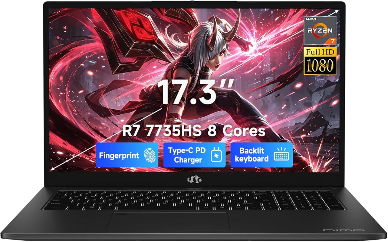 NIMO 17.3" Gaming Laptop with Ryzen 7 7735HS, 16GB DDR5, 1TB SSD, Rade