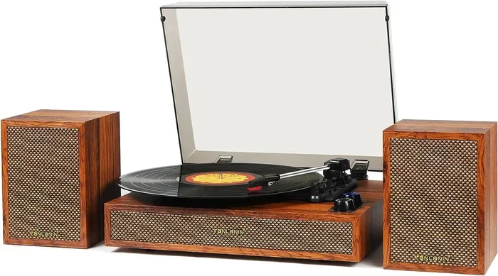 Wooden Record Player with Speakers